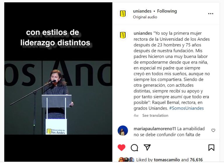 Captura Instagram del discurso de la rectora Raquel Bernal.